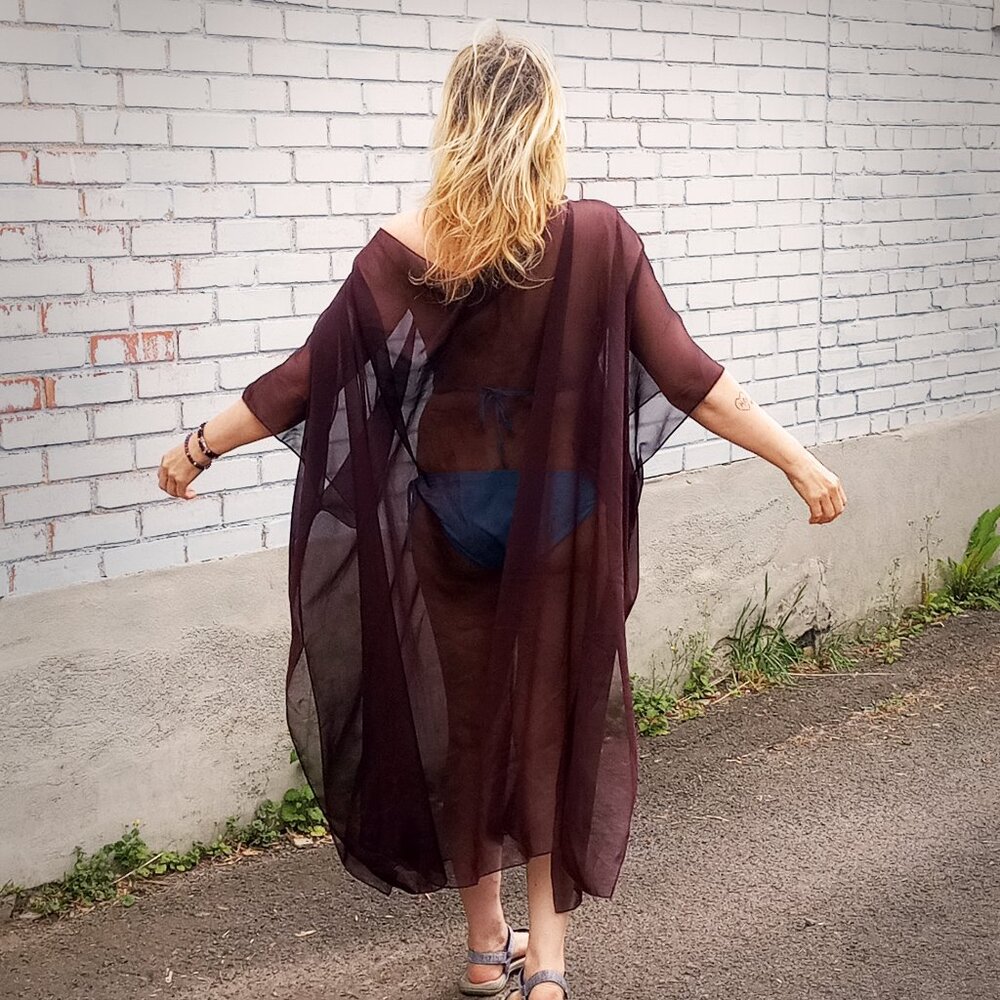 Vintage beach cover kaftan sheer brown or turquoise